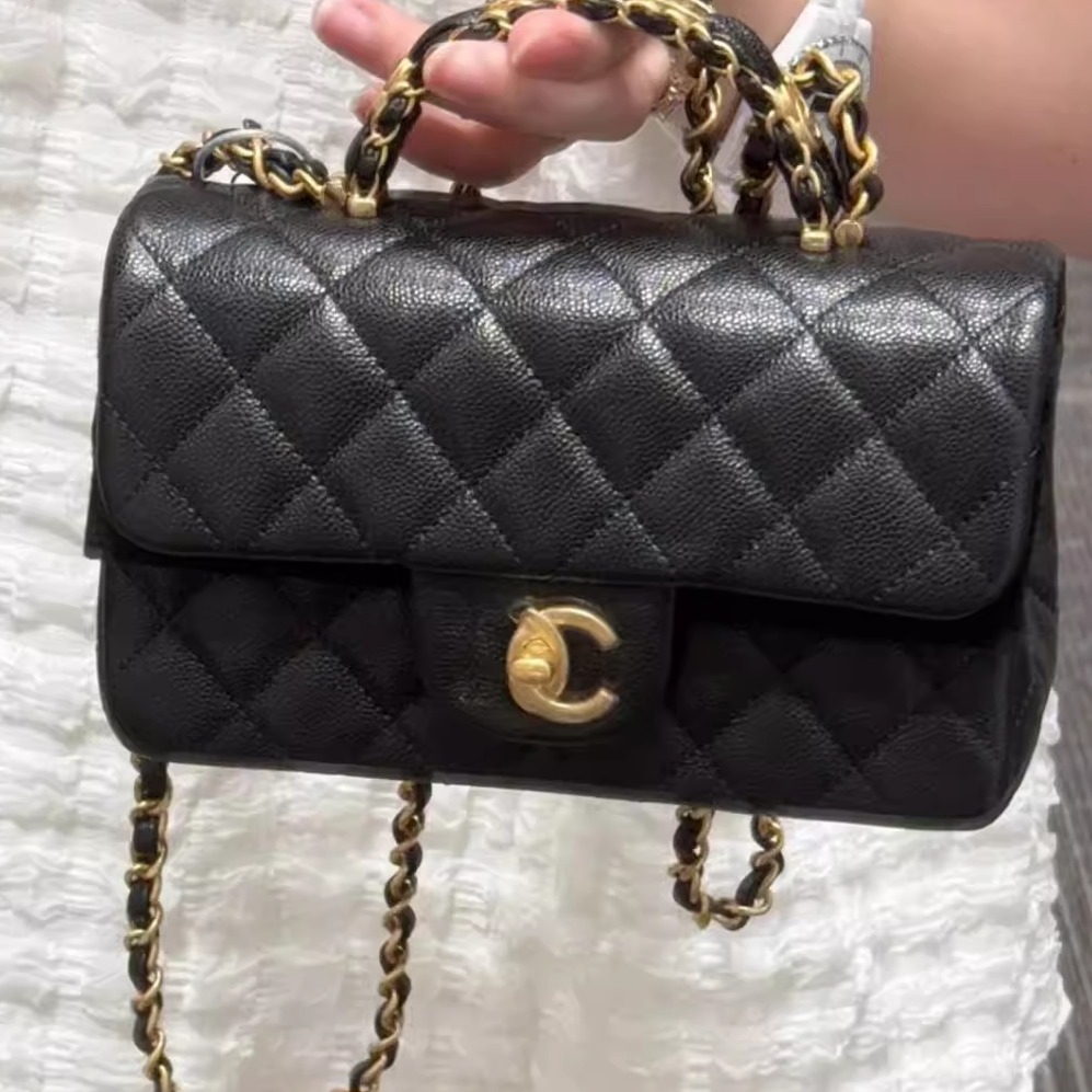 严选塔尖 小香风25B穿链手柄mini cf 粒紋牛皮手提包斜挎包1031