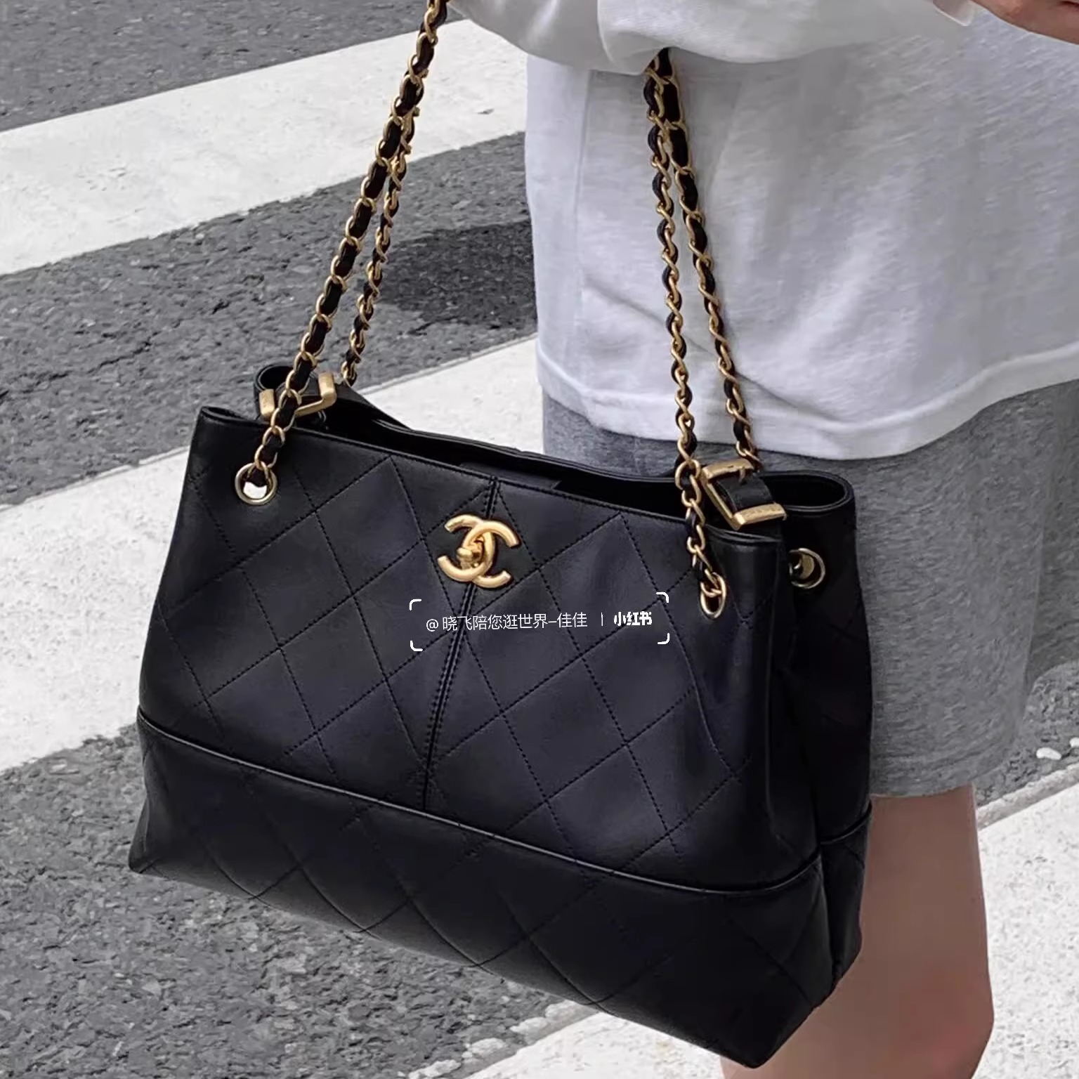 严选塔尖 小香风25A爆款黑色拼皮托特包购物袋hobo单肩斜挎包1122