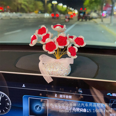 镶钻仿真手工自制植绒玫瑰花汽车摆件创意车载香水座汽车香薰
