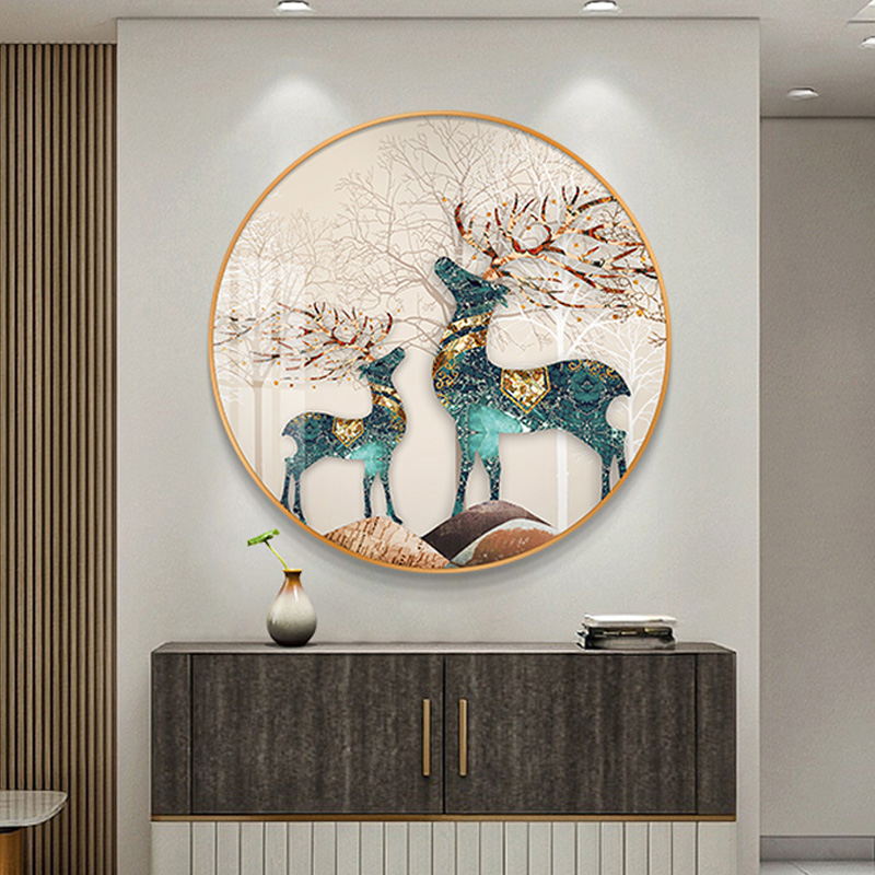 发财鹿招财入户玄关装饰画圆形现代客厅餐厅墙壁画走廊过道挂画图片