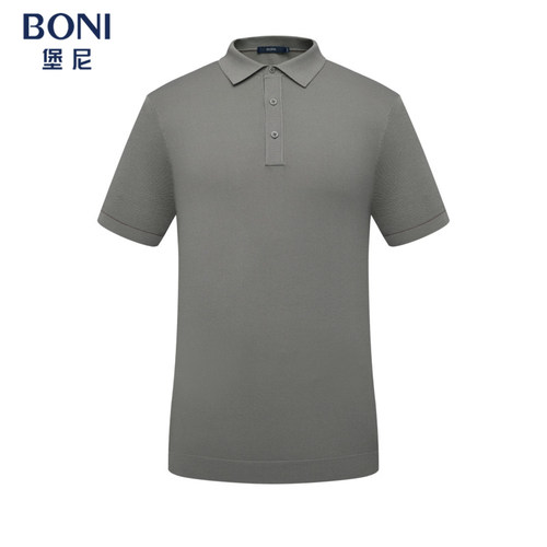 BONI/堡尼春夏新款灰咖色翻领横机棉混纺短袖T恤开衫LR238B31C