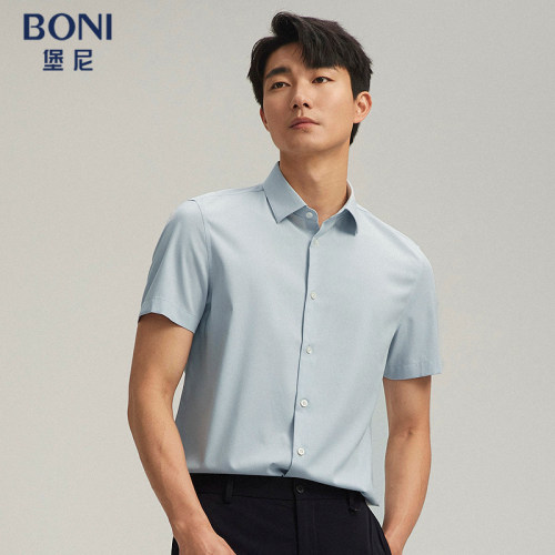 BONI/堡尼春夏新品方领肌理桑蚕丝混纺短袖衬衫休闲衬衣GR384A01B