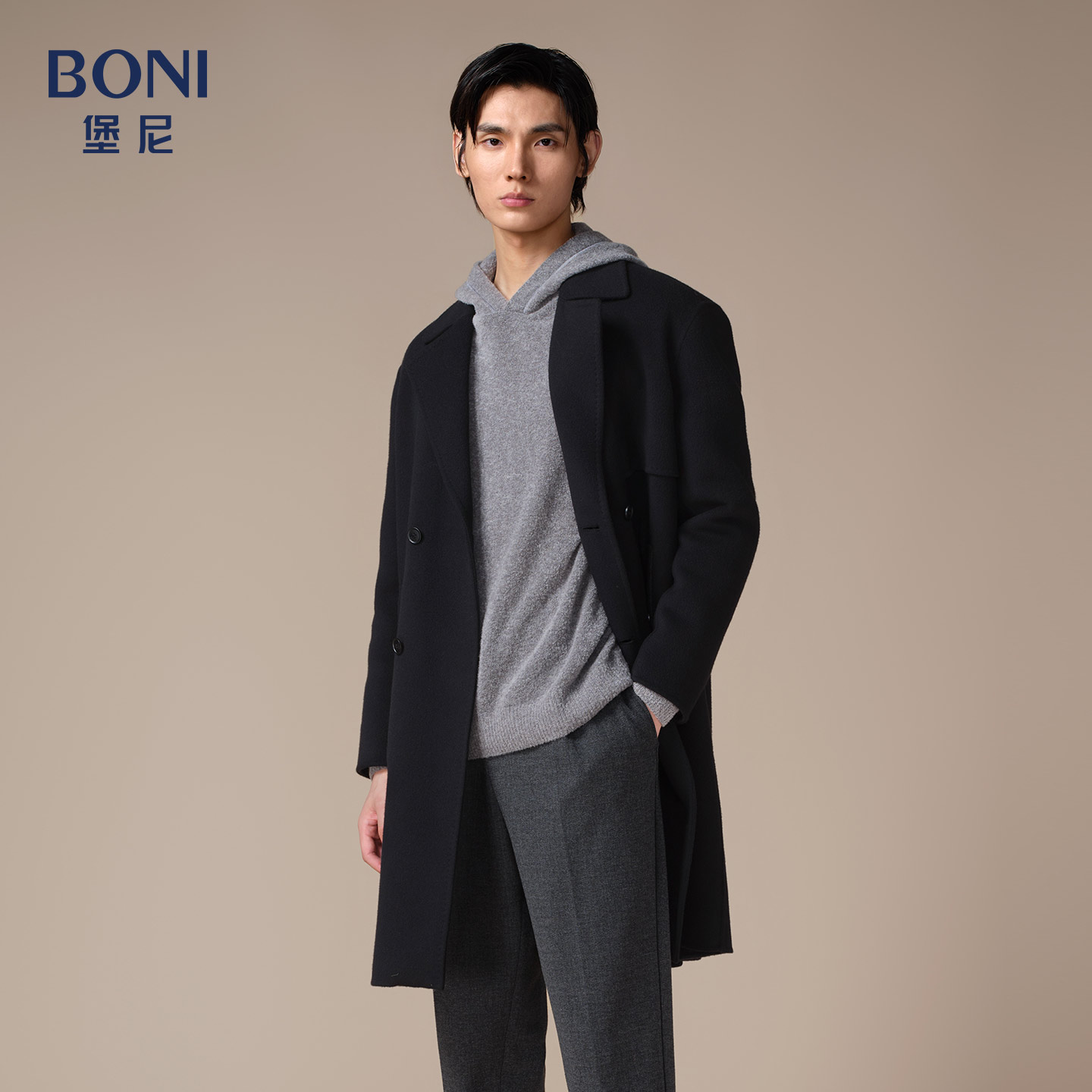 堡尼秋冬新品商务长款全羊毛大衣双排扣棉里净色外套男BS780061H