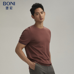 T恤LR129A61B 休闲橡皮红圆领横机丝麻短袖 BONI 堡尼24春夏新款