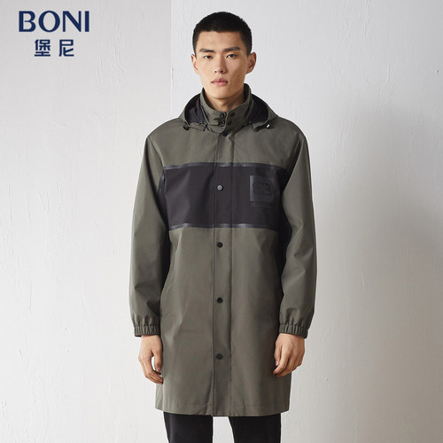 BONI/堡尼秋冬新品男士连帽拼接商务长款风衣休闲外套男HM640051B