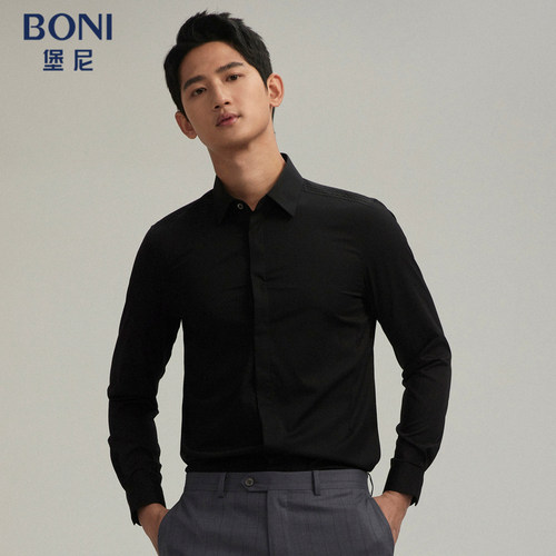 BONI/堡尼春夏商务正装休闲黑色方领天然纤维长袖衬衫GR280351A