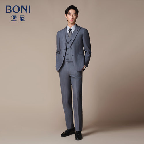 BONI/堡尼秋冬新品商务西服套装绵羊毛西装条纹西裤套西AS583151A