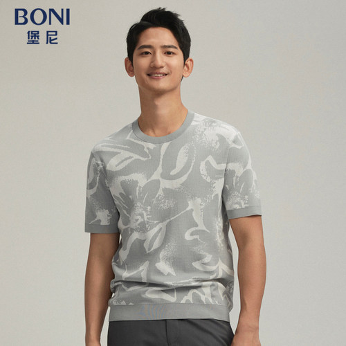 BONI/堡尼春夏休闲灰色圆领横机提花棉混纺短袖T恤LR286A91C