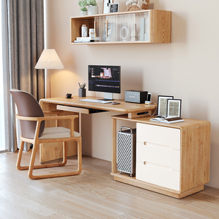 原木伸缩书桌实木桌柜一体台式电脑桌卧室家用简约转角双人办公桌