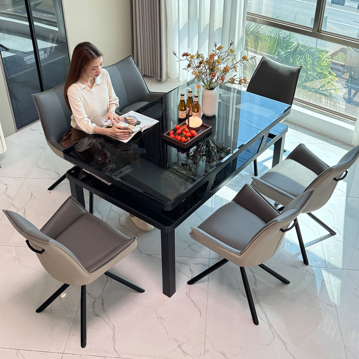 钢化玻璃餐桌家用小户型极简双层长方形饭桌带储物隔层餐桌椅组合,住宅家具,玻璃餐桌,淘宝优惠券,粉丝福利购,淘宝优惠卷