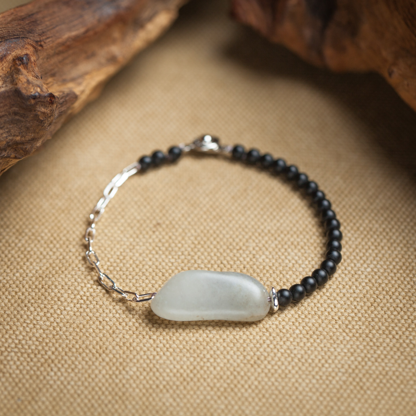 和田玉青花籽料手链 黑玉髓925银链  文玩手串