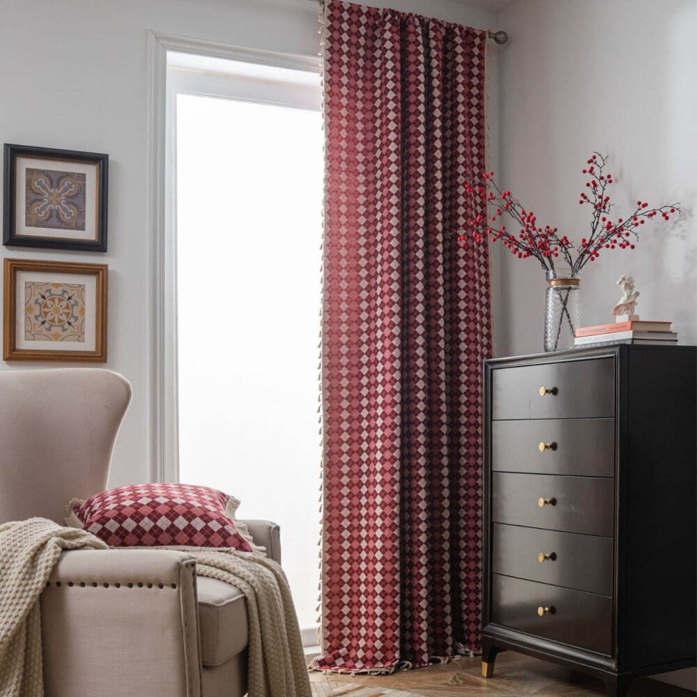 美式复古红白格子提花流苏窗帘成品摩洛哥民族风厨房帘飘窗布挂帘