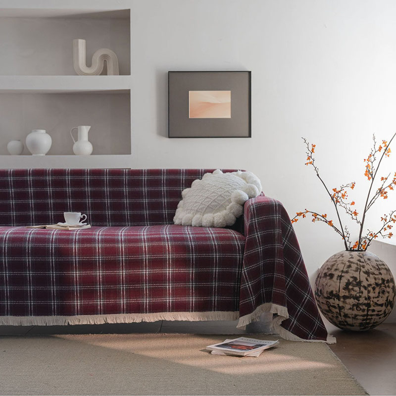 法式沙发盖布枣红格子布艺全盖沙发套罩双人沙发垫靠背巾四季通用
