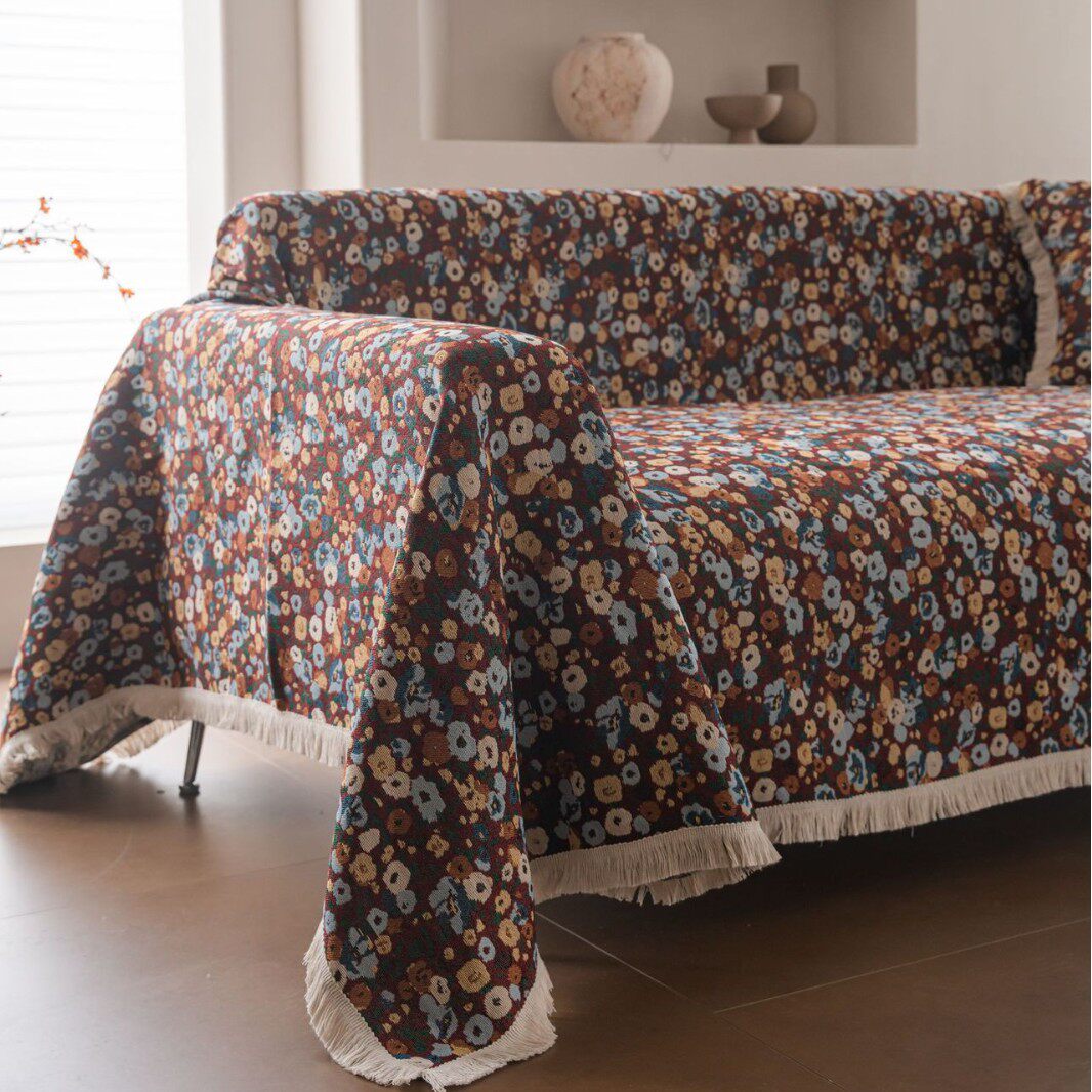 法式咖红碎花沙发巾田园风全盖布艺沙发套罩单双人沙发垫四季通用