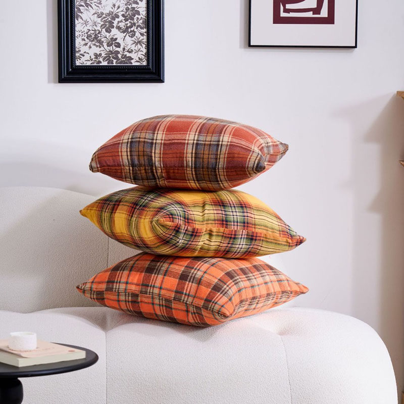 棉麻复古撞色印花格子抱枕套美式