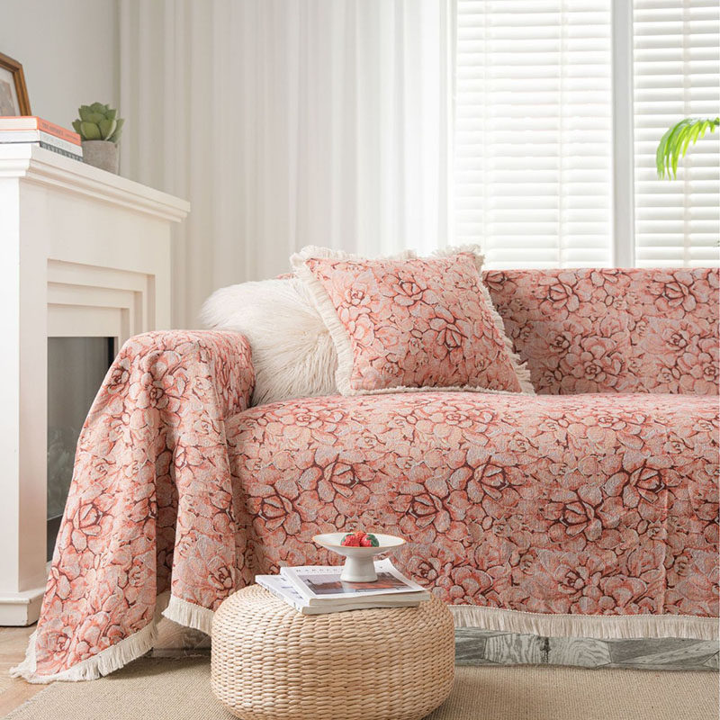 法式沙发巾粉色多肉布艺全盖沙发防尘套罩田园风单双人沙发垫盖毯