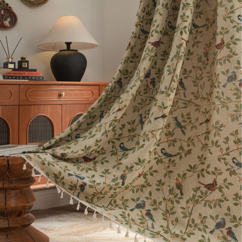 法式田园复古米色花鸟提花流苏窗帘成品美式半遮光厨房帘飘窗挂帘