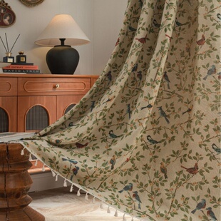 法式 半遮光厨房帘飘窗挂帘 田园复古米色花鸟提花流苏窗帘成品美式