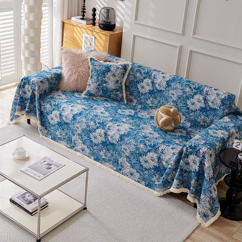 法式油画感沙发巾莫奈花园布艺全盖防尘套罩双人沙发垫防猫抓盖毯