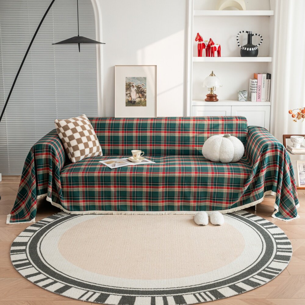 美式沙发盖布绿色格子布艺全盖沙发套罩双人沙发垫扶手巾四季通用