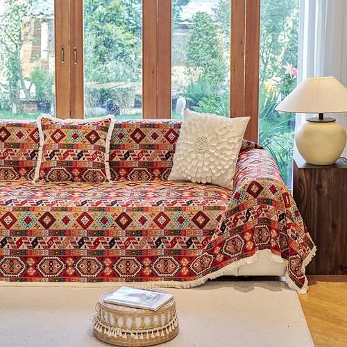 摩洛哥民族风红色几何提花沙发巾