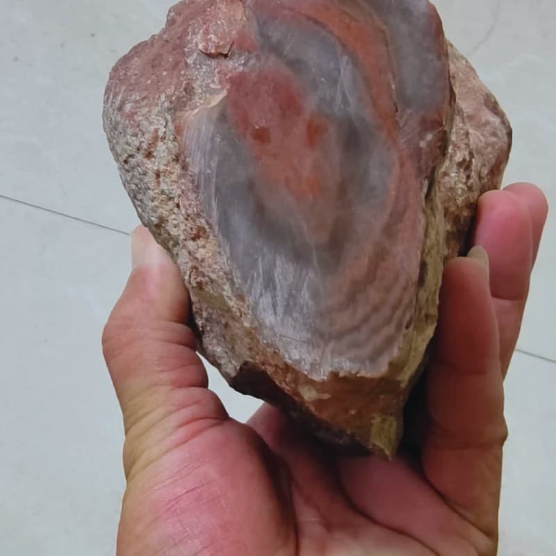 玛瑙原石，内部呈现漂亮的紫红色纹路，表面有自然风化痕迹。整体