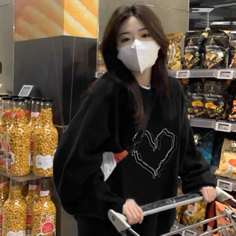 新款春秋款黑色长袖圆领卫衣女oversize秋季上衣潮ins美式
