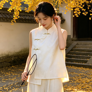 2026夏季新款国风新中式无袖马甲背心女款醋酸白色上衣年轻人薄款