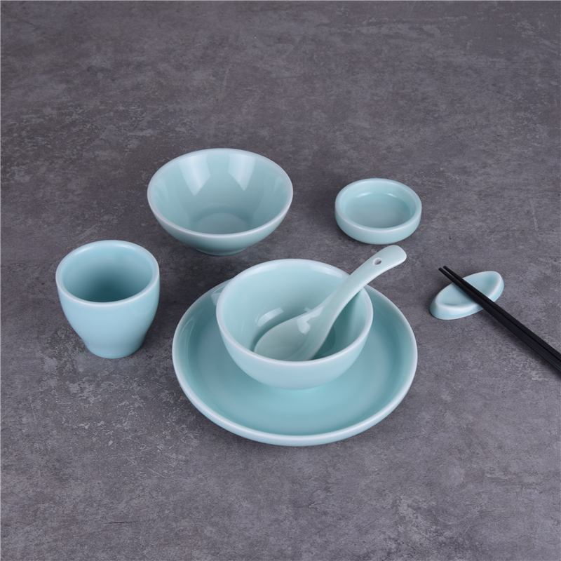 摆台五件套影青釉陶瓷盘碗勺套装