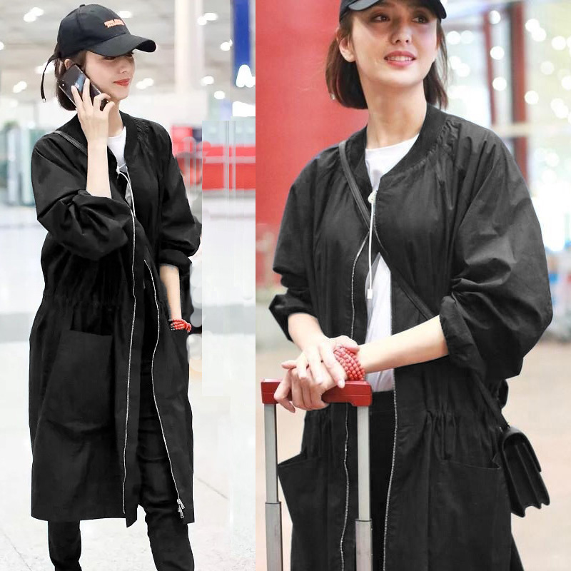 明星同款宽松棒球服风衣2023中长款新款立领春秋黑色休闲外套女