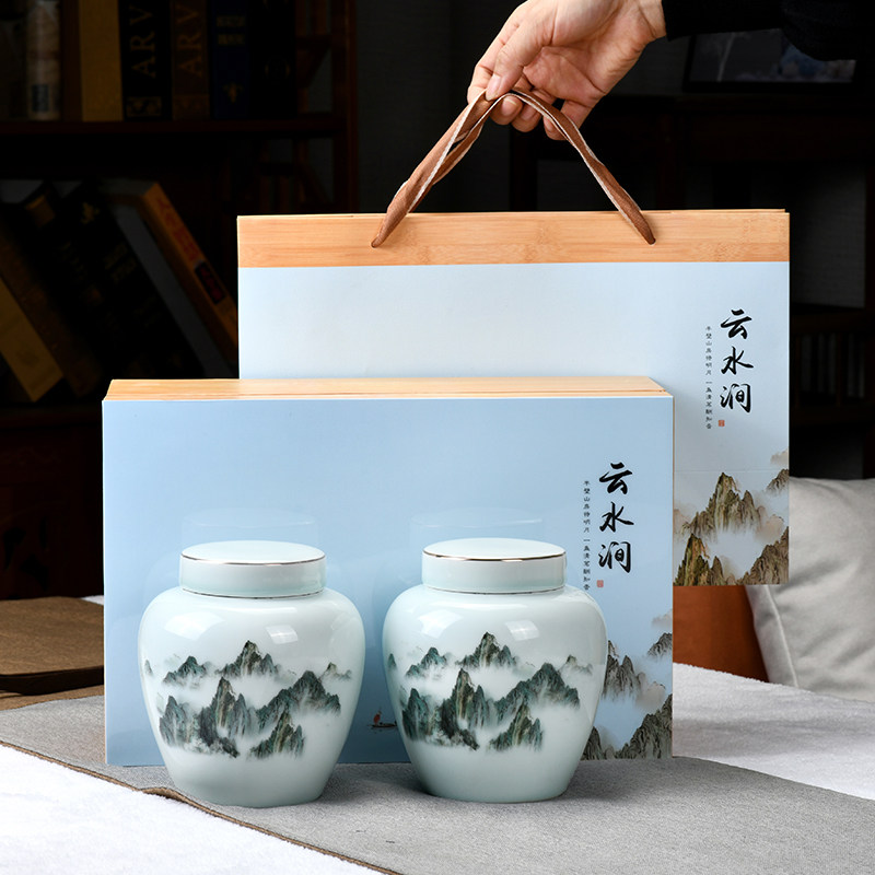 陶瓷茶叶罐大号高档手绘云水涧双罐空罐精致茶叶包装盒空礼品盒