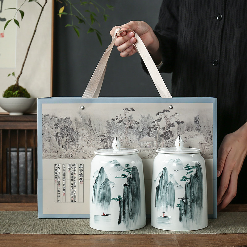 高档手绘陶瓷茶叶罐密封家用送礼大号龙井绿茶茶叶包装盒礼盒空盒