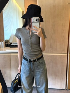 Kapok2026韩系春夏新款百搭显瘦亨利领短袖T恤女修身打底衫上衣