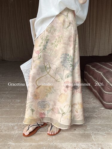 GRACETINA HOO2026韩系气质春夏款印花罩纱双层设计显瘦百搭半裙