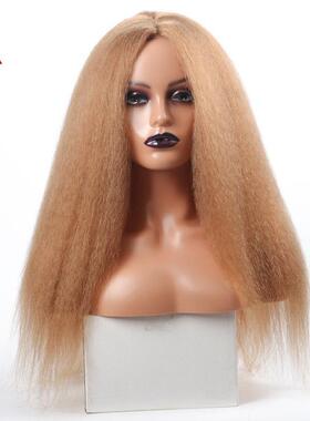 速卖通欧美假发化纤机制头套kinky straight 中分长发黑色非洲wig