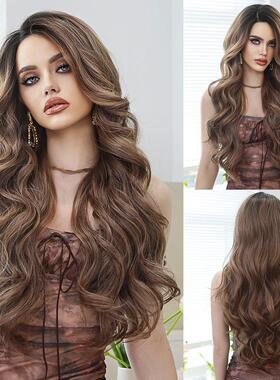 T-Part Lace Wigs欧美假发摩卡棕挑染波浪侧分化纤蕾丝假发全头套
