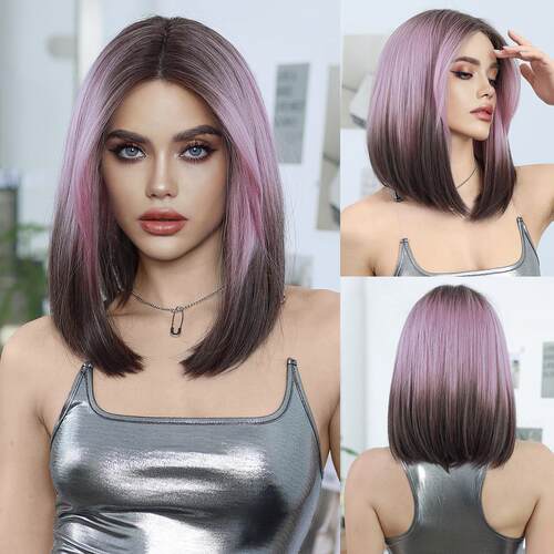 小T蕾丝假发粉色渐变棕短直发中分化纤高温丝BoB Lace front Wigs