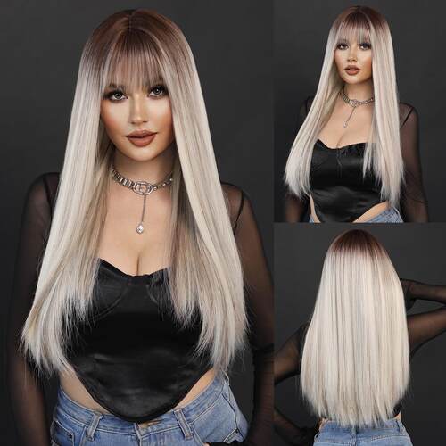 欧美假发女长直发渐变奶茶白金网红模特仿真假发全头套Blonde Wig