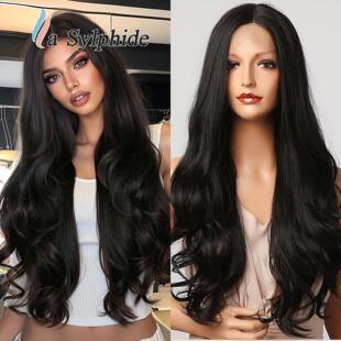 wavy women Lace for fiber synthetic long black wig part