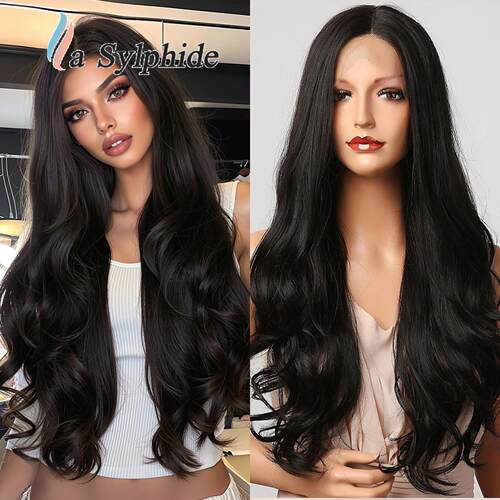 T part Lace wig black long wavy synthetic fiber for women