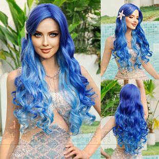 Cosplay Wig 长卷发冰蓝渐变Mermaid 欧美外贸假发Cos美人鱼换装