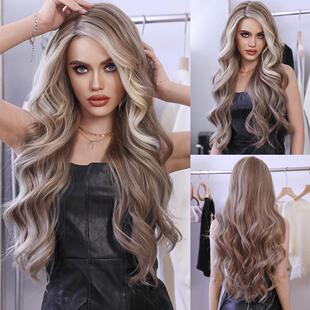 Lace wig Part 小t化纤蕾丝欧美假发青灰挑白波浪假发全头套T