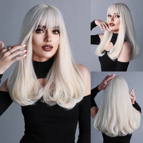 Platinum Blonde Wigs Synthetic Long Curly Wig With Bangs