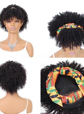 真人发非洲卷发头巾假发头套 Human Hair Afro Kinky Curly Wigs
