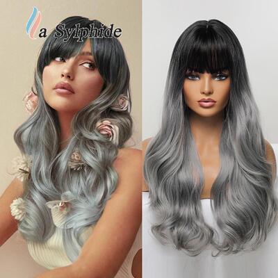 Wigs假发齐刘海深棕色长卷发hair化纤机制仿真玫瑰网高温丝亚马逊