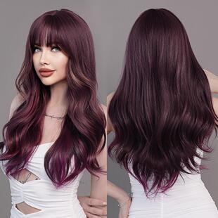 Long with Women Daily Wigs for Highlight Purple Wavy Bangs