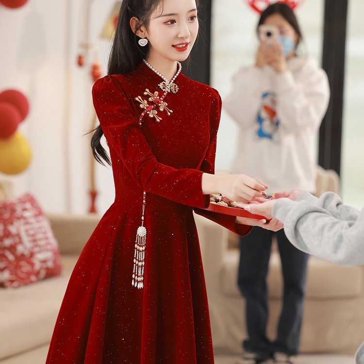Selena赛琳娜旗袍敬酒服新款秋冬新娘小个子回门结婚便装酒红色订