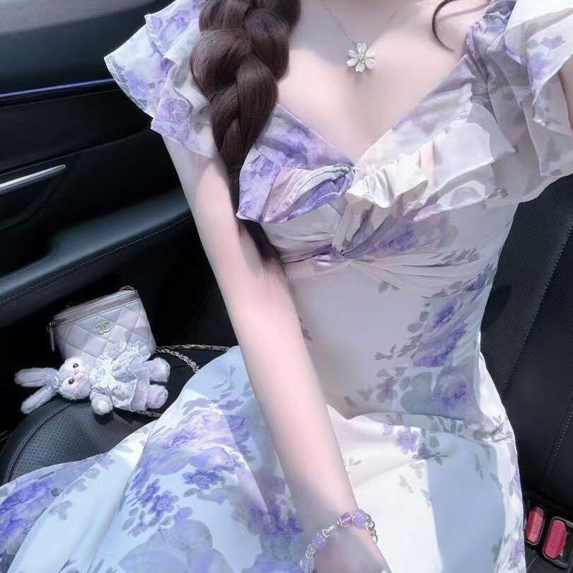 Selena李不婉紫藤花雪纺碎连衣裙