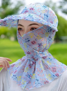 防晒帽子女夏大沿遮脸护颈防紫外线大花色遮阳帽骑行户外干农活帽