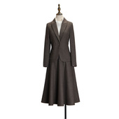 哈里斯风格 伊琪新款 套装 人字纹毛呢棕色休闲小西服高腰大摆伞裙